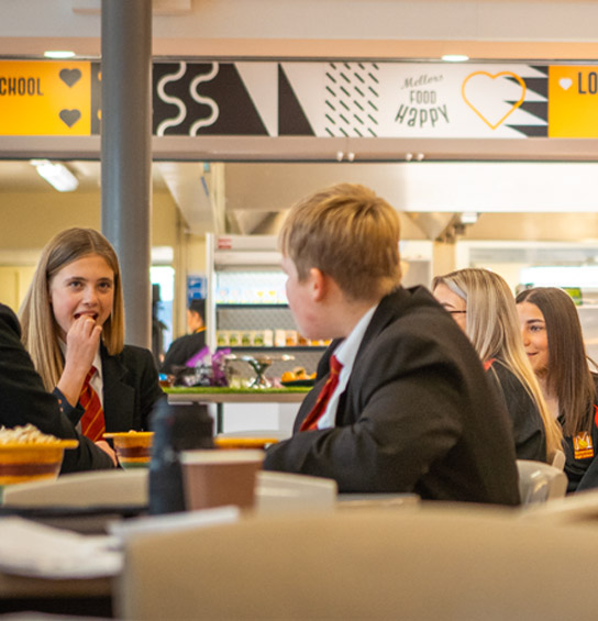 school pupils eating in canteen